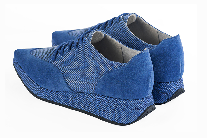 Electric blue women's casual lace-up shoes. Pointed toe. Low wedge soles. Rear view - Florence KOOIJMAN